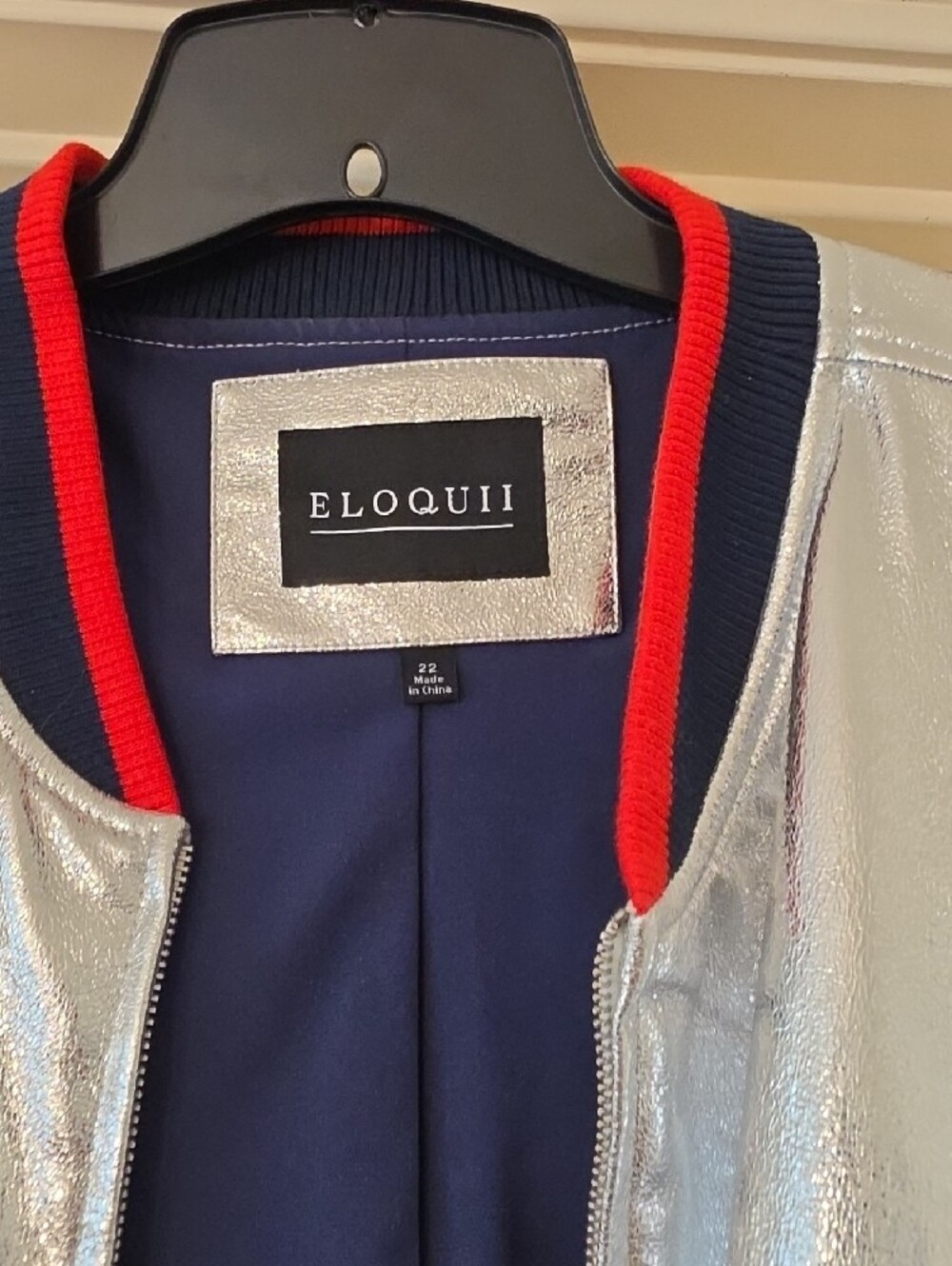 Eloquii Silver Metallic Bomber Jacket with Navy & Red Trim - Picture 3 of 5